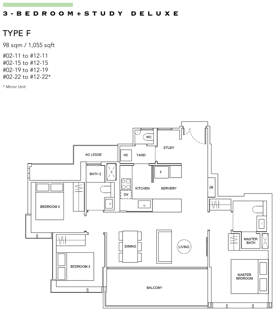3-Bedroom + Study Deluxe · Type F · 1,055 sqft